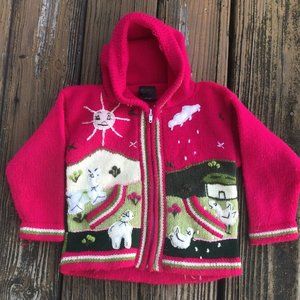 Otavalo Girls Pink Green Wool Sweater Cardigan Ecuador Llama Sheep Chicken Farm